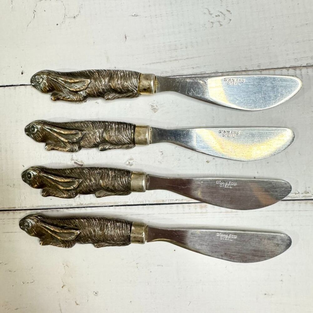 Set of 4 Vtg Arthur Court Bunny Rabbit Butter Cheese Spreader Knives Pewter SS